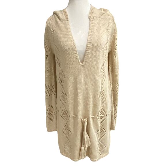 Zara Women Sweater Oatmeal Swimsuit V Neck Coverup Crochet Hodded Dress Small - Picture 1 of 11